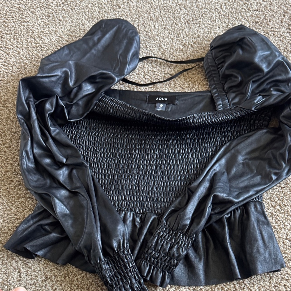 Aqua Black Faux Leather Off-Shoulder Smocked Blouse